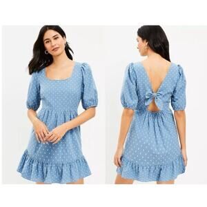 LOFT Petite Blue Clip Dot Flounce Swing Mini Dress Tie Back 2P NWT